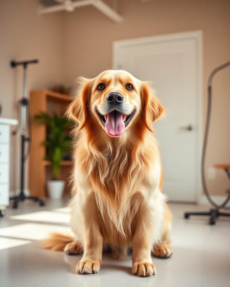 A happy freshly groomed golden retriever